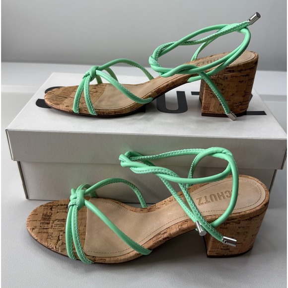 Schutz Suzy Mint Green Leather Strappy Sandals Cork Heels 8.5B Made Brazil NEW